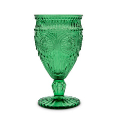 Emerald Green Colored Short Stem Vintage Pattern Glass Goblet