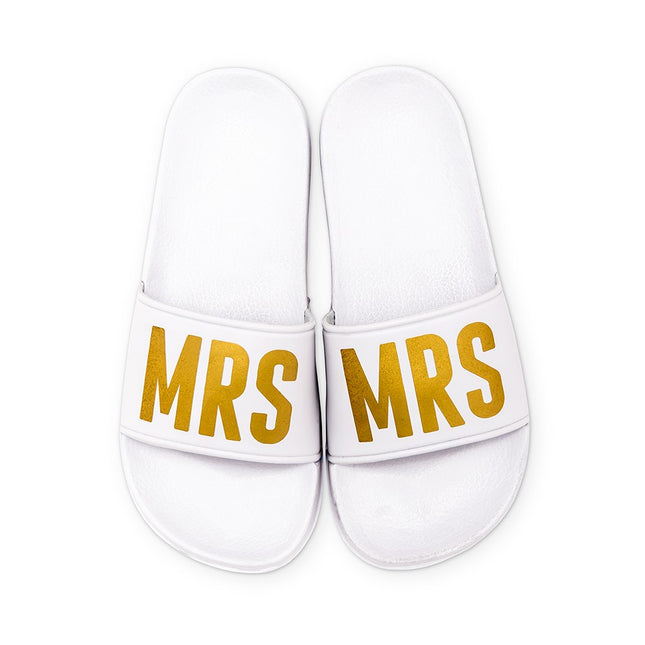Womens White Bridal Party Slide Sandals Mrs