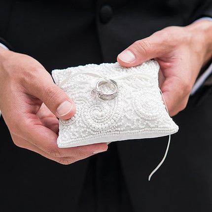 Mini White Beaded Wedding Ring Pillow