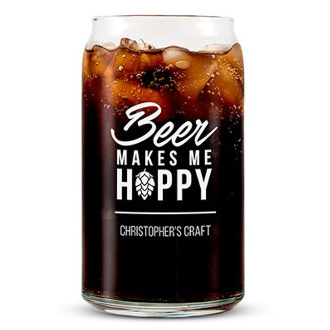 Personalized Beer Makes Me Hoppy Can Shaped Glass