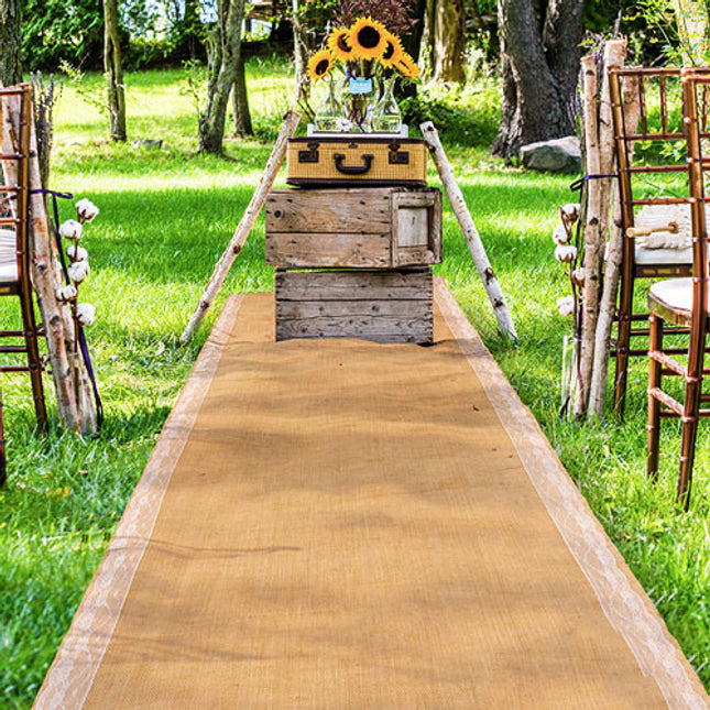 Burlap Rustic Wedding Aisle Runner with Lace Borders