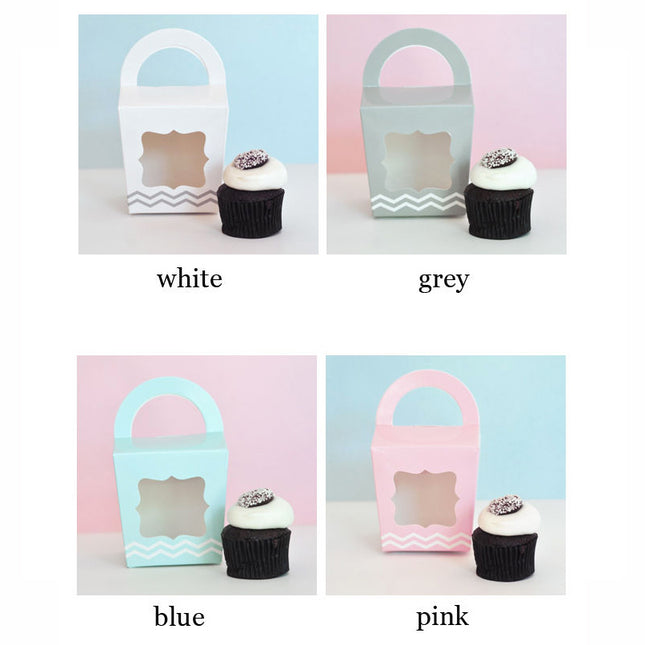 White - Pink- Blue -Grey Cupcake Tote Party Favor Box (Set of 12)