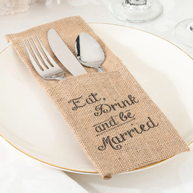Eat Drink Be Married Burlap Silverware Holders Rustic Party Wedding (Set of 4)
