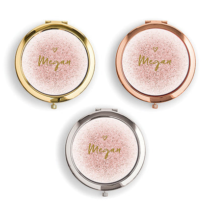 Personalized Bridesmaids Compact Mirror with Glitter + Heart Print