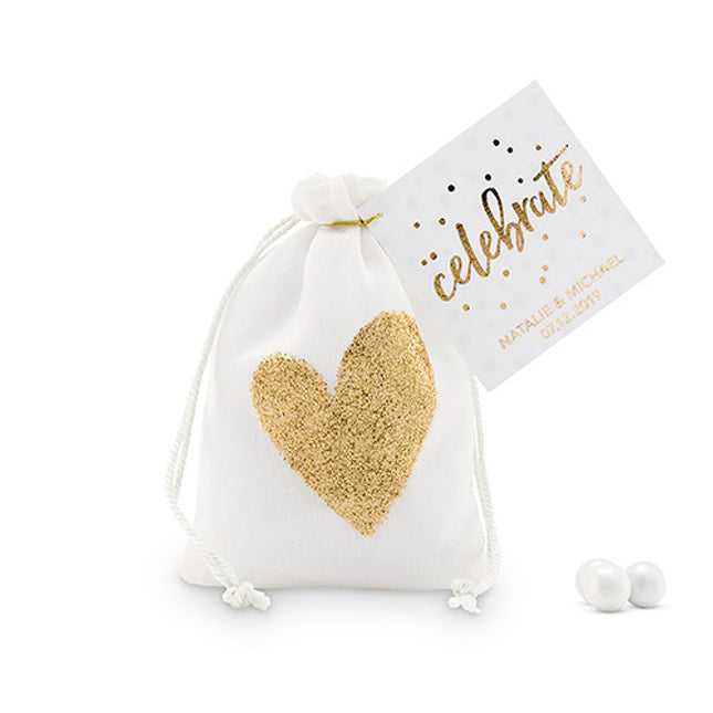 Gold Glitter Heart Muslin Drawstring Favor Bag