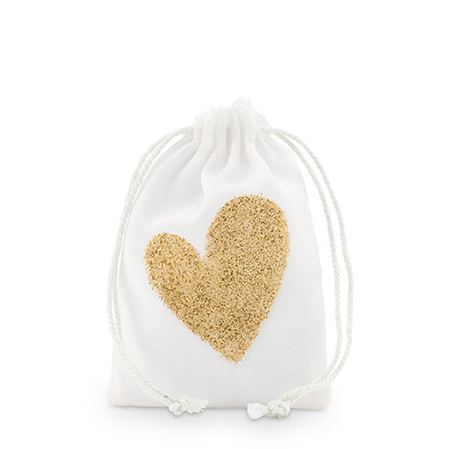 Gold Glitter Heart Muslin Drawstring Favor Bag