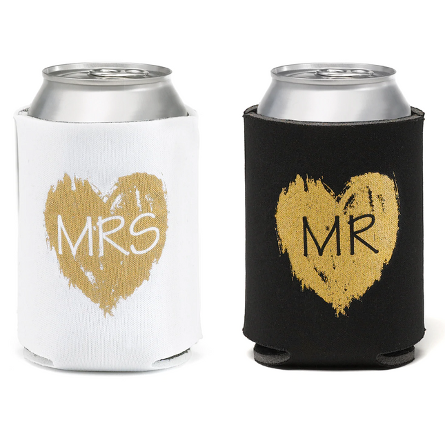 Mrs and Mrs Gold Heart Koozie Can Coolers