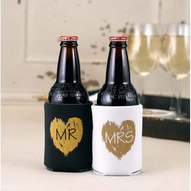 Mrs and Mrs Gold Heart Koozie Can Coolers