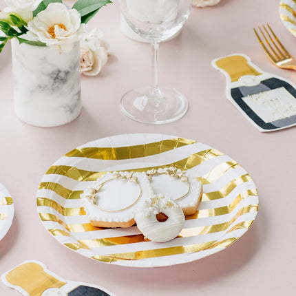 Gold Stripe Large Round Disposable Paper Party Plates (Set Of 8)