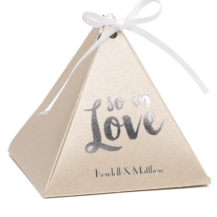 Personalized Gold Shimmer Pyramid Wedding Party Favor Box