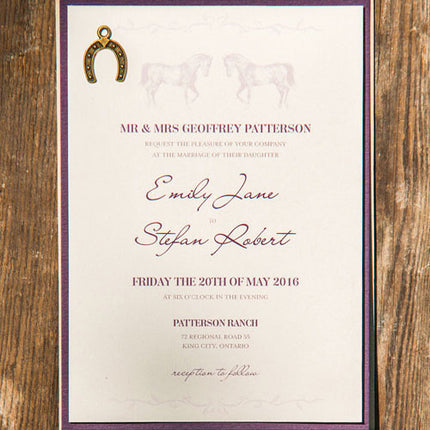 Lucky Horseshoe Wedding Charms on a Equestrian Wedding Invitation