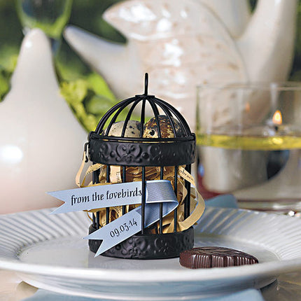 Black Mini Classic Round Decorative Birdcage on a white plate.
