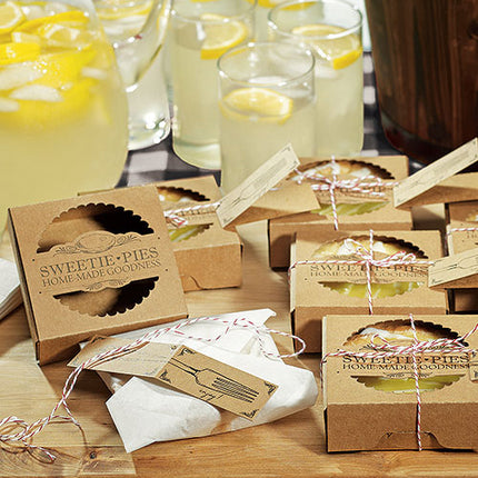 A group of the Mini-Pie Wrapping Kit for Wedding Favors wrapped and filled with mini pies.