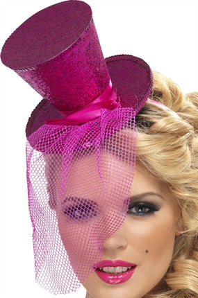 Hot Pink Glitter Mini Top Party Hat on Headband with Veil