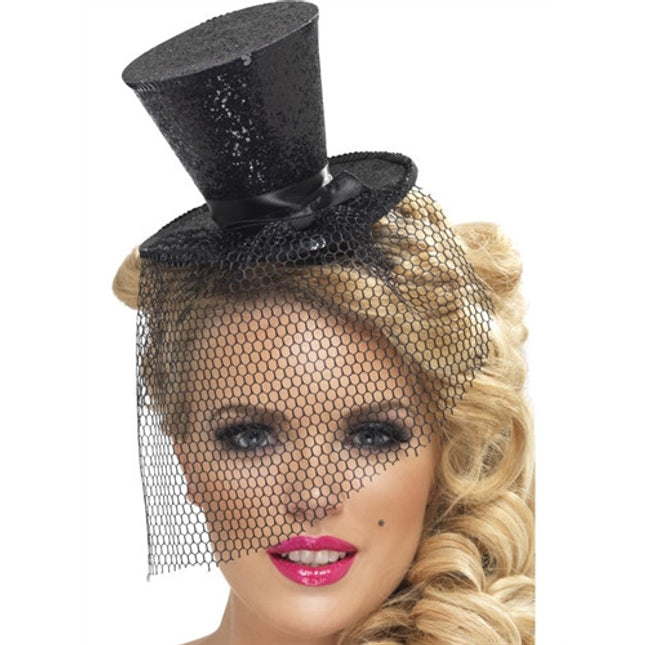Black Glitter Mini Top Party Hat on Headband with Veil