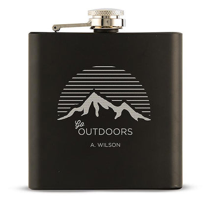 Personalized Mountain Go Outdoors Etched Black Hip Flask