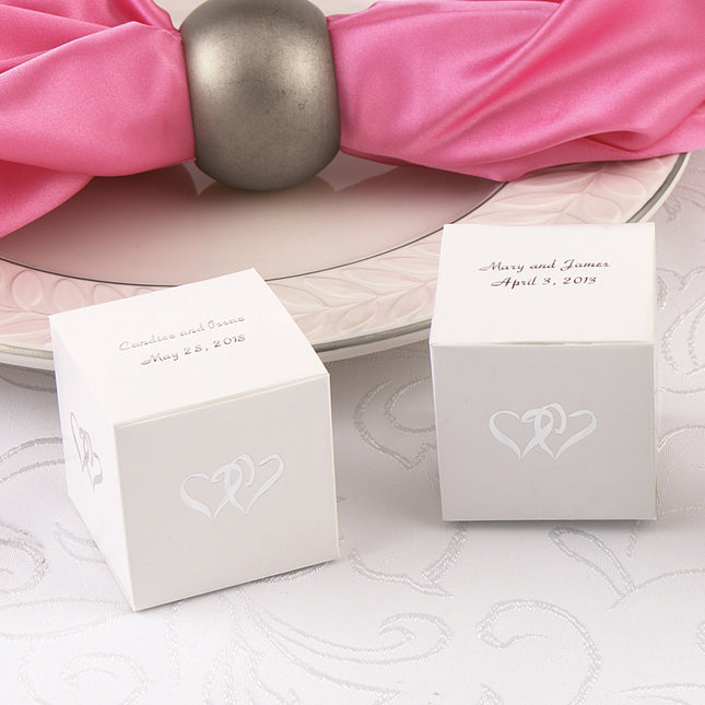 Personalized Linked Hearts White Favor Box