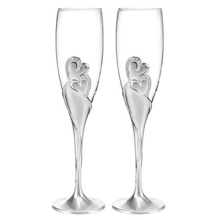 Rhinestone Hearts Bride and Groom Champagne Flute Glass Set