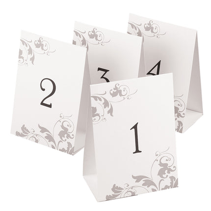 Table Number Tents 1 - 40 with White and Grey Flourish Design