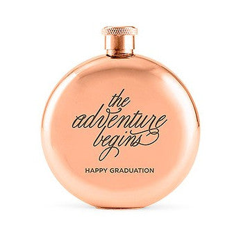 Rose Gold The Adventure Begins Personalized Round 3oz Hip Flask