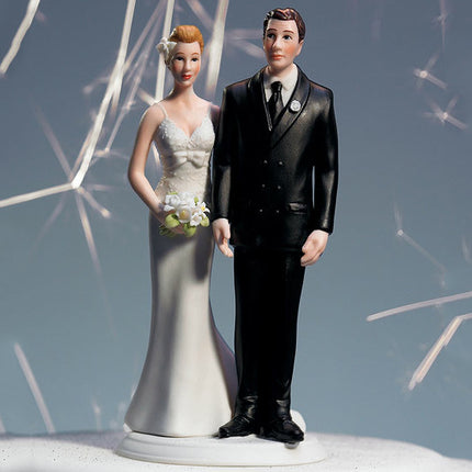 The front of the Love Pinch Couple Wedding Cake Topper - Caucasian 