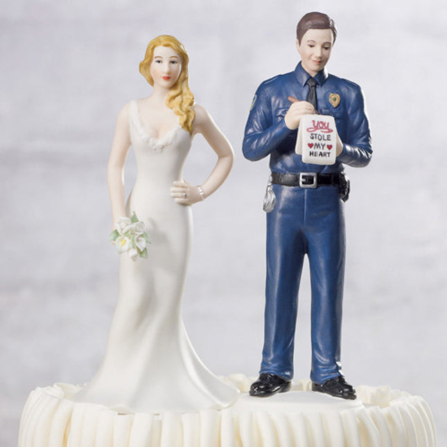 Wedding Cake Top - “A Love Citation” Policeman Groom Figurine giving the bride a Love Ticket. 