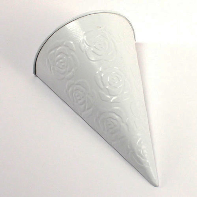 Decorative White Metal Cone with Rose Pattern used for weddings and parties.