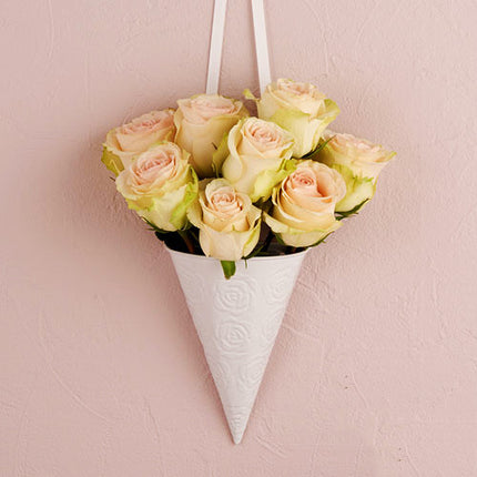 Decorative White Metal Cone with Rose Pattern used for weddings and parties.