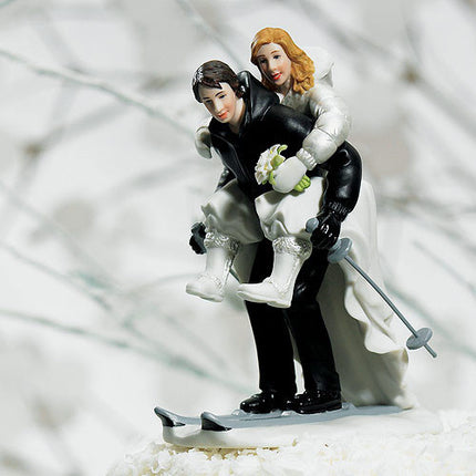 Winter Wedding Bride & Groom Skiing Couple Wedding Cake Topper