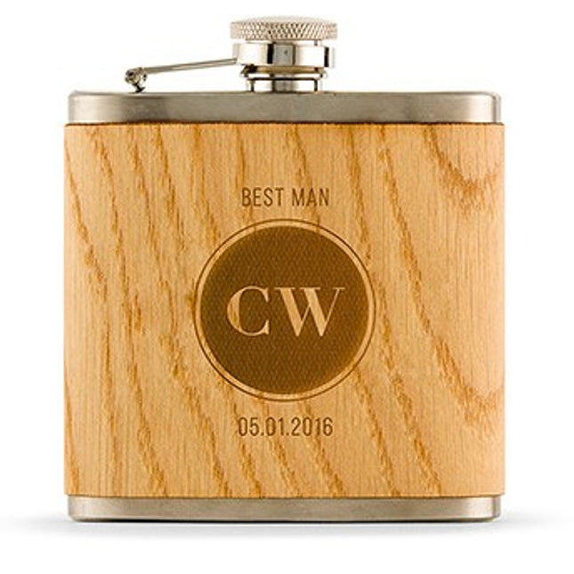 Personalized Etched Circle Monogram Wood Flask